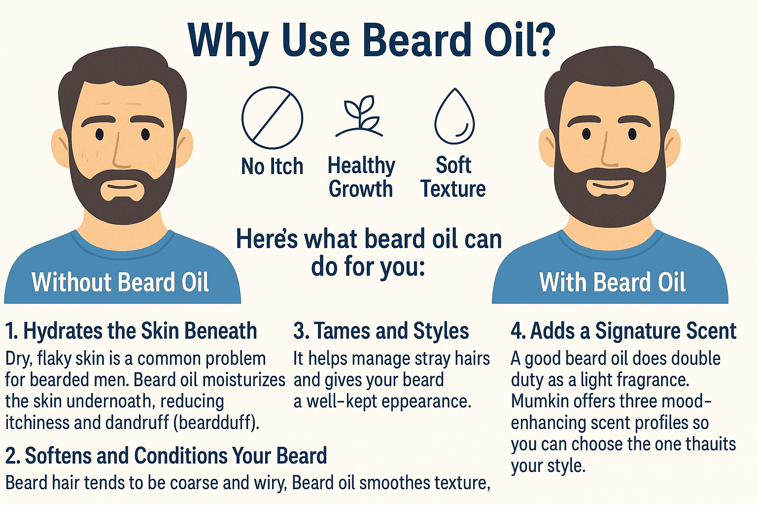 An infographic comparing a man’s face “with beard oil” vs. “without beard oil,” listing beard oil benefits such as no itch, healthy growth, soft texture, hydration, conditioning, styling, and fragrance. Features Mumkin’s three scent profiles.